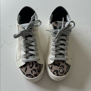 P448 Women's Sneakers in White and Silver with Leopard Print